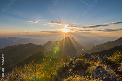 The Landscape view of Doi Luang Chiang Dao, the 2nd highest hill of Thailand. This is with the sunlight and flare effect and warm tone.