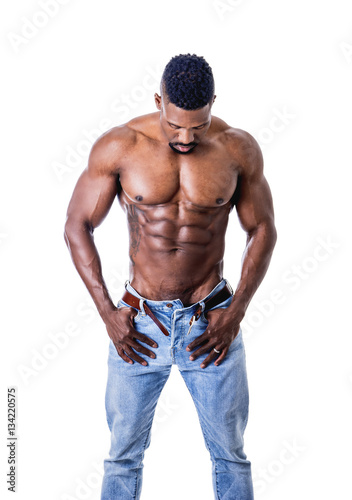 Canvastavla African American bodybuilder man, naked muscular torso, wearing jeans, isolated