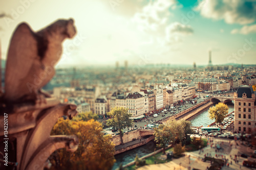 Tilt-shift miniature effect of panoramic view across Paris with gargoyle in foreground