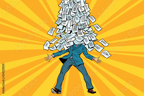 businessman and bureaucracy, a mountain of paperwork