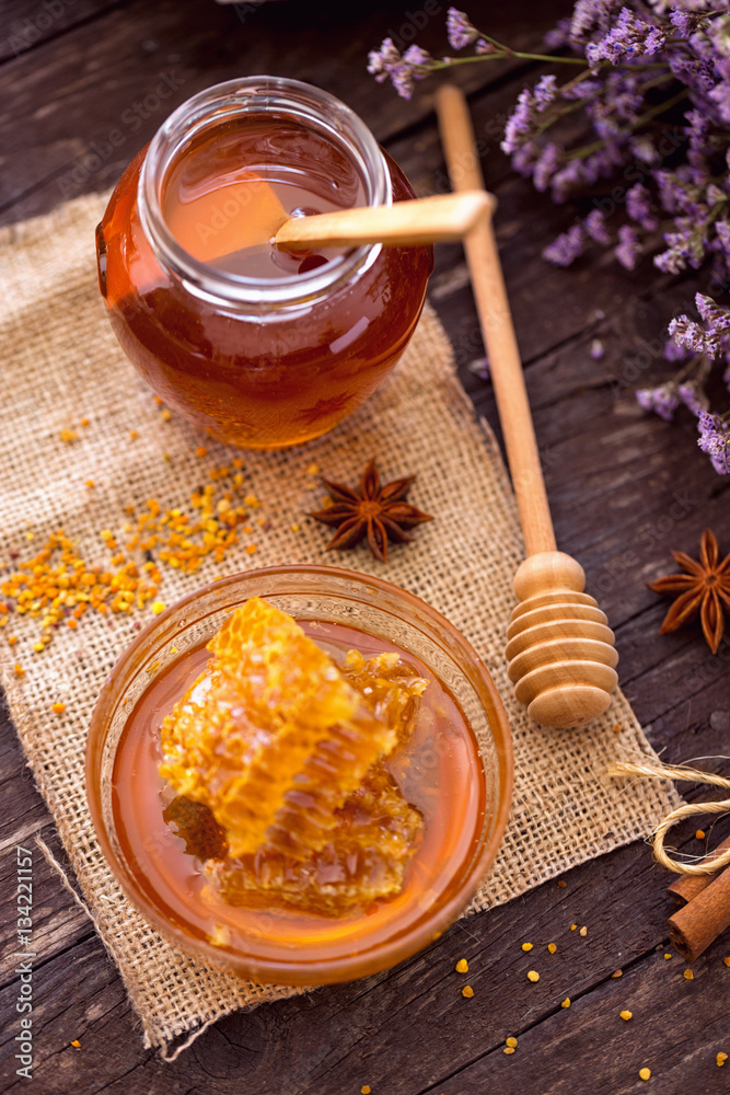 top view of natural sweet honeycombs with pollen and honey on ta top view of natural sweet honeycombs with pollen and honey on ta
