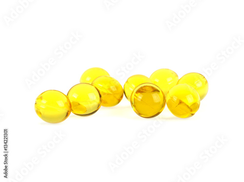 Cod liver oil omega 3 gel capsules on a white background