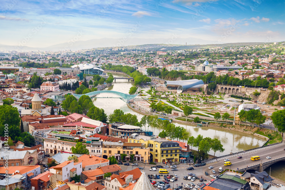 Tbilisi city panorama. Old city, new Summer Rike park, river Kura, the European Square and the Bridge of Peace