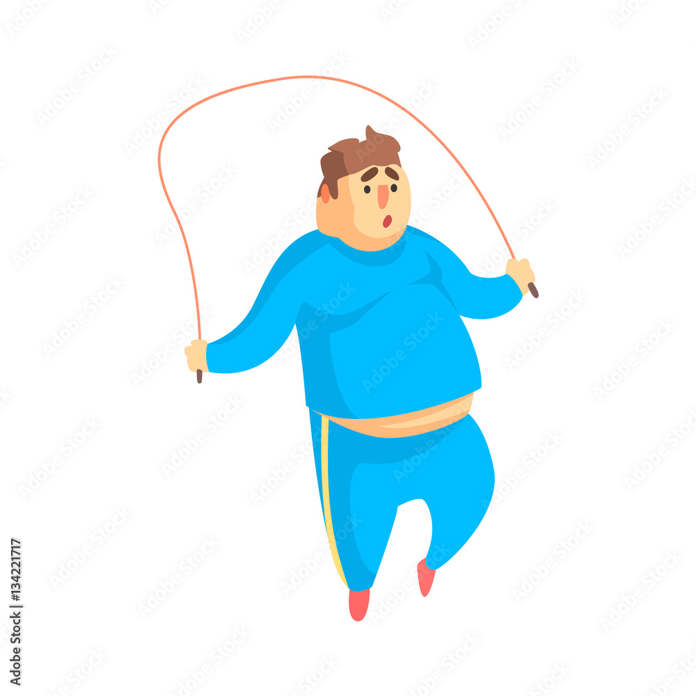 Obraz premium Funny Chubby Man Character Doing Gym Workout Jumping On Skipping Rope Illustration