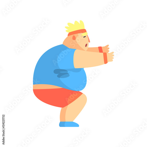 Funny Chubby Man Character Doing Sit Ups At Gym Workout Sweating Illustration