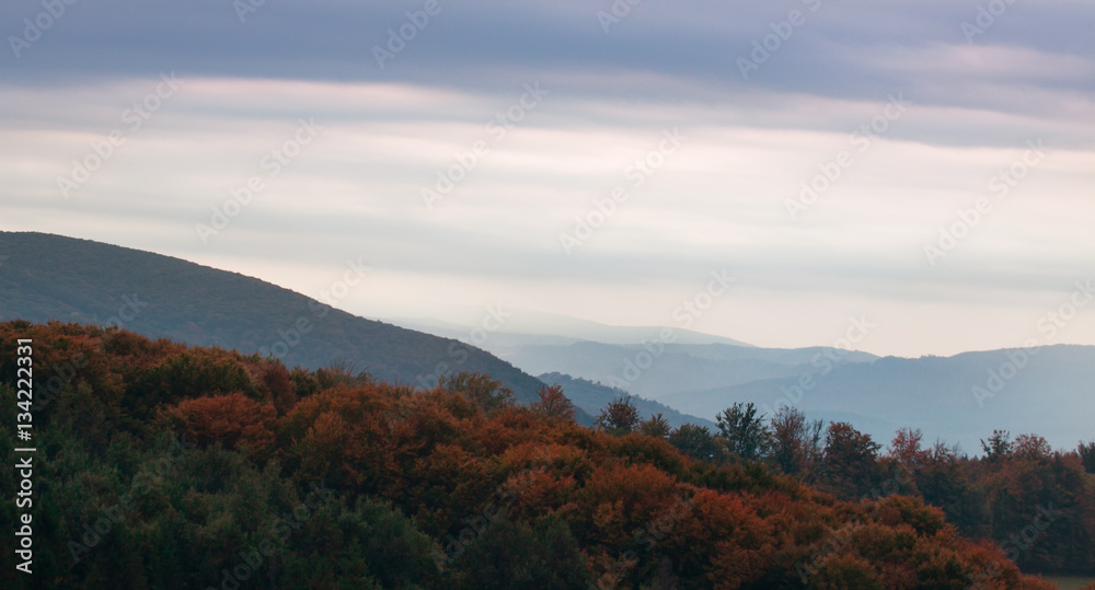 autumn landscape in the mountains at sunset