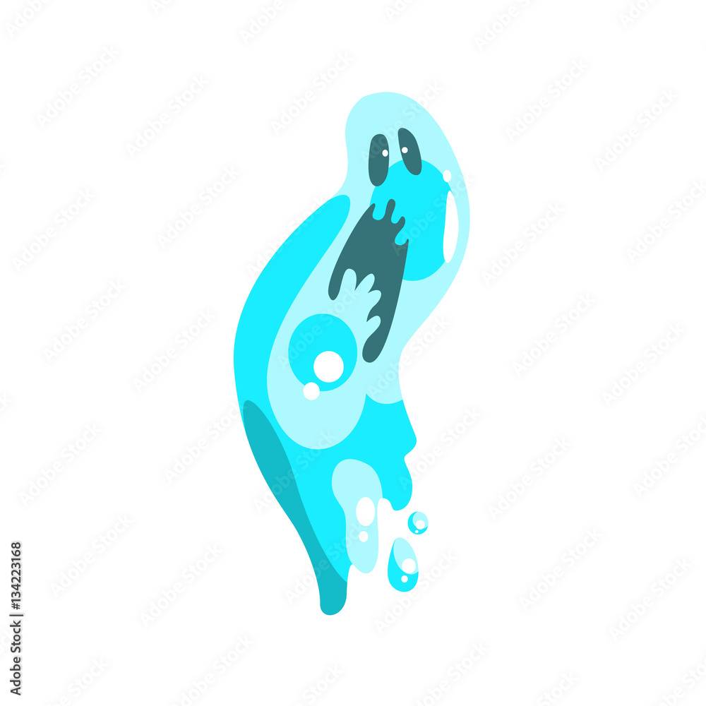 Blue Ghost In Childish Cartoon Manner Isolated On White Background.