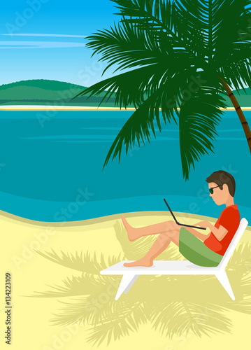 Person working at the computer under a palm tree at the tropical beach. © dervish15