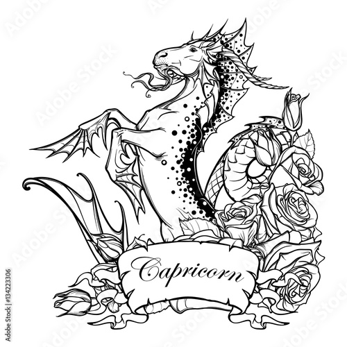 Zodiac sign Capricorn. Fantastic sea creature with body of a goat and a fish tail Decorative frame of roses. Vintage art nouveau style concept art for horoscope, tattoo or colouring book. EPS10 vector