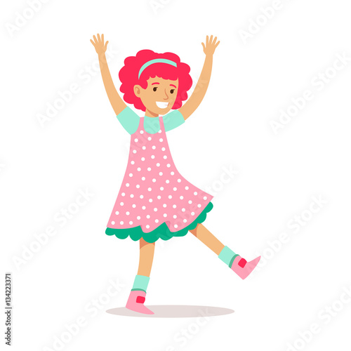 Happy Redhead Girl In Classic Girly Color Polka Dotted Dress Smiling Cartoon Character