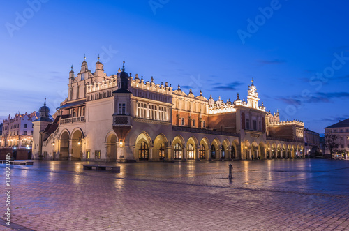 Cloth Hall on the Main Market Square in Krakow, Poland, illuminated in the morning