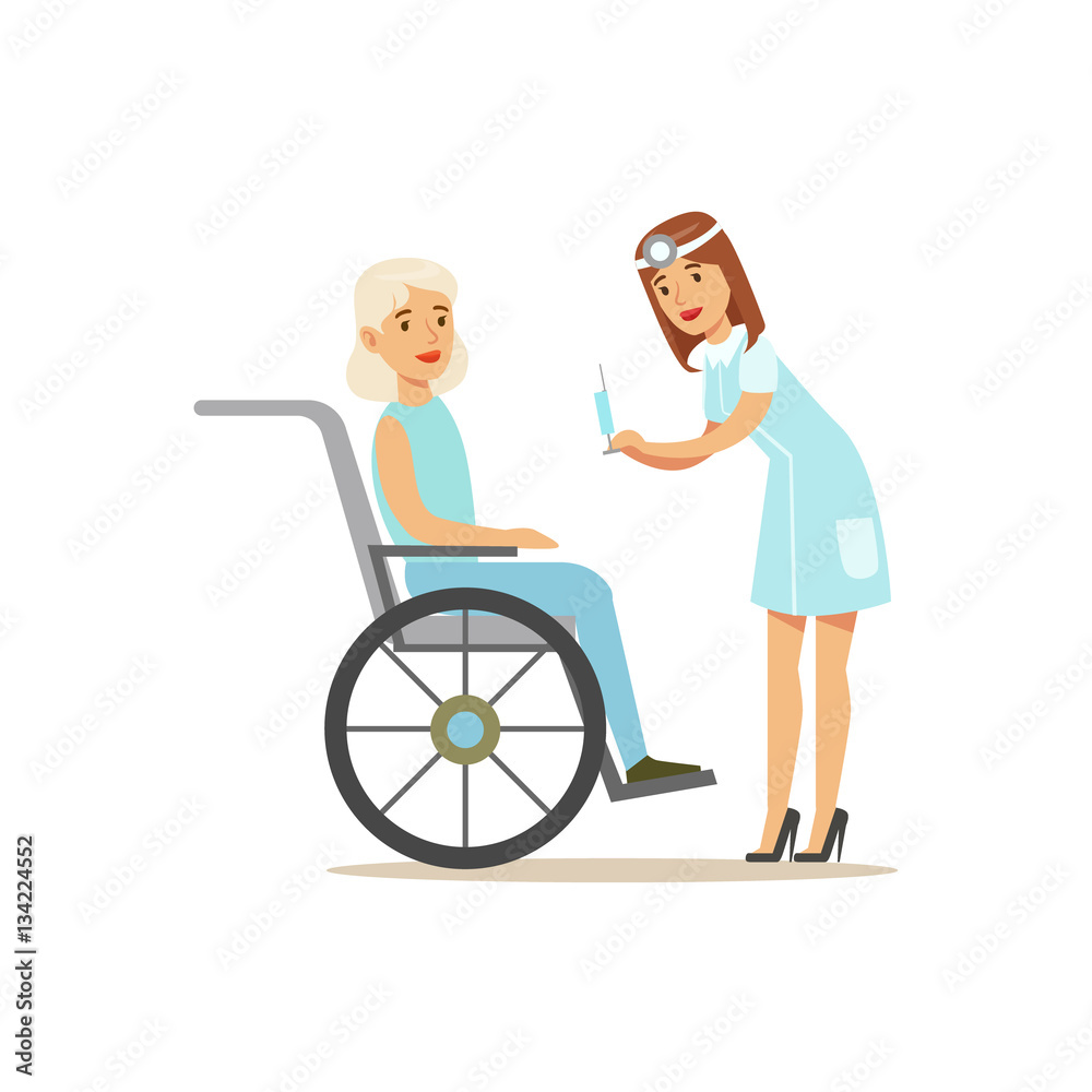 Nurse Preparing Injection For Old Lady In Wheelchair, Hospital And Healthcare Illustration Nurse Preparing Injection For Old Lady In Wheelchair, Hospital And Healthcare Illustration
