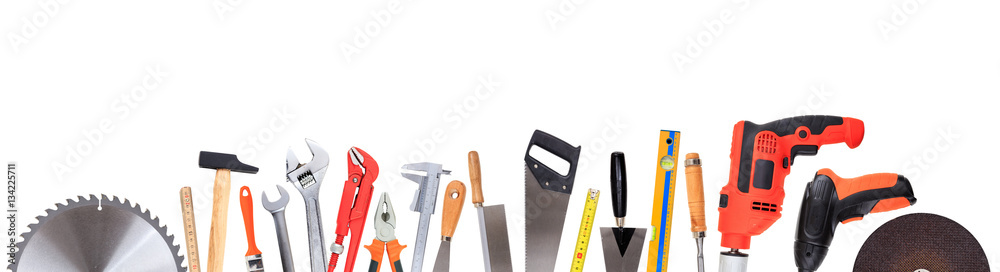 Set of hand tools isolated on white background, banner - obrazy, fototapety, plakaty 