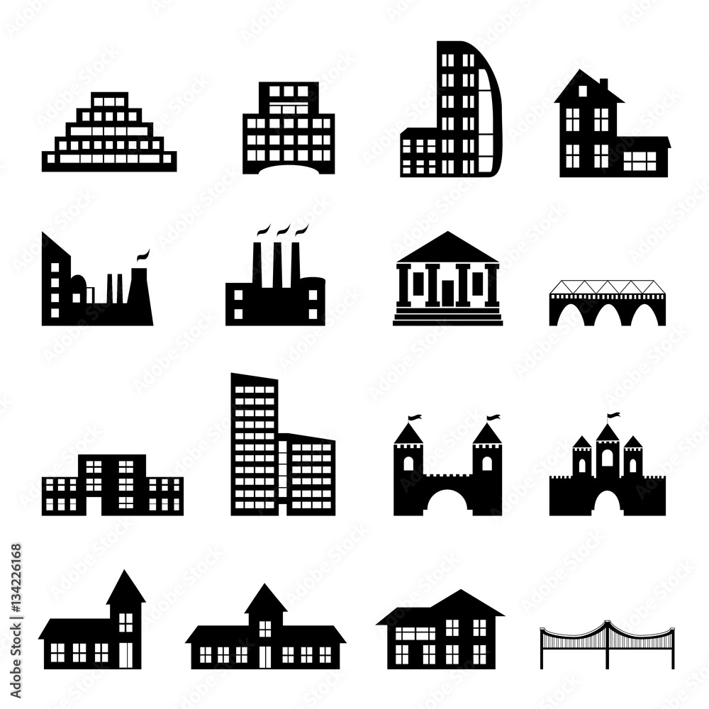 Buildings flat black icons set