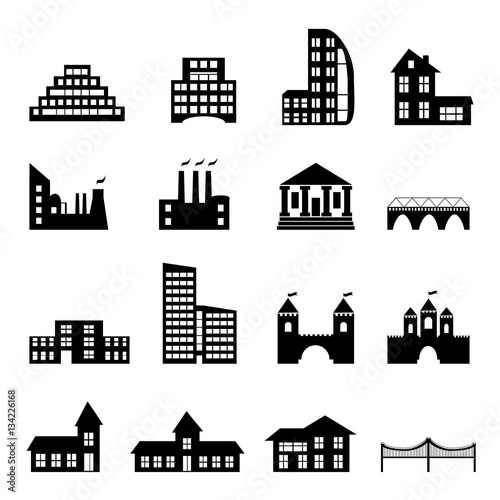 Buildings flat black icons set