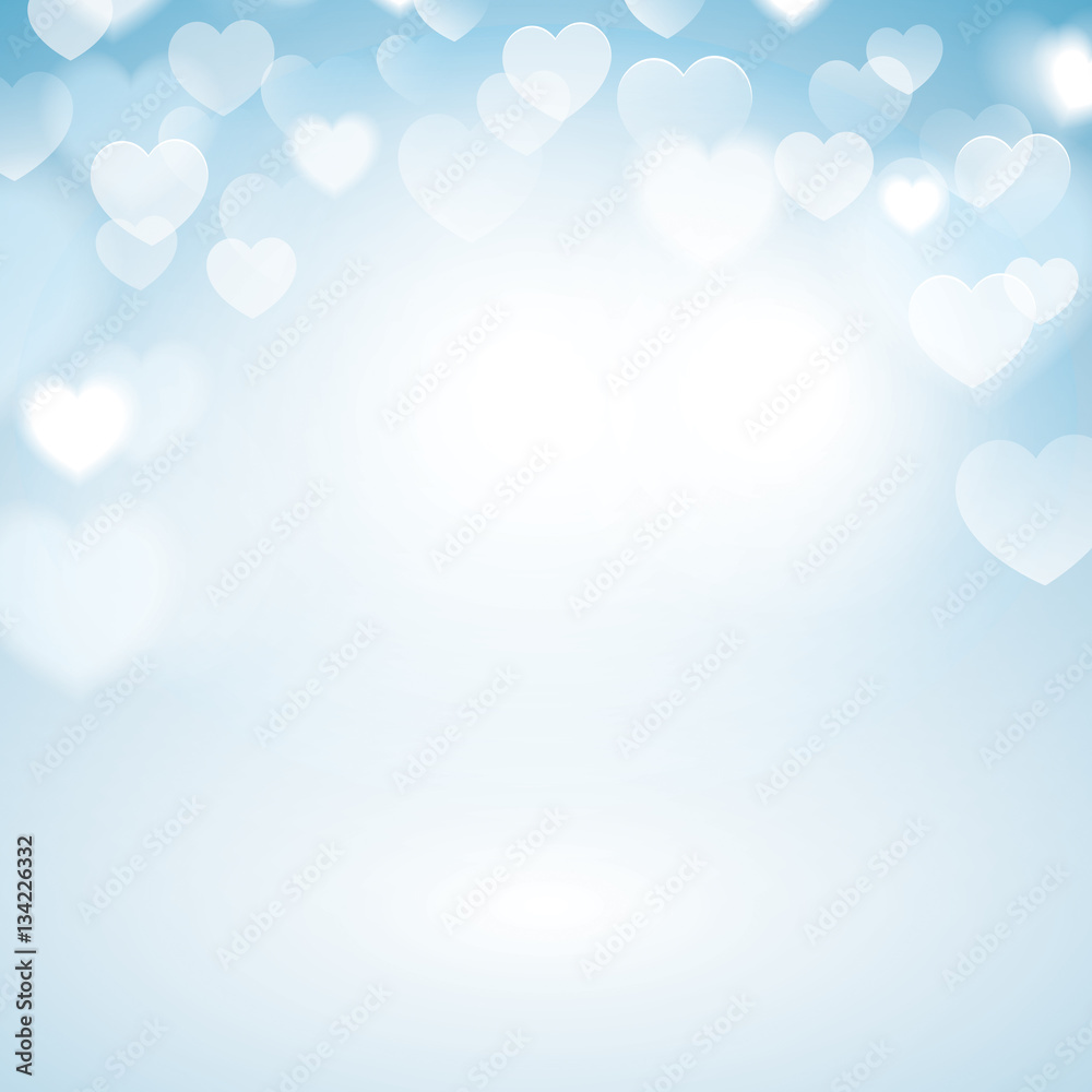Romantic Bokeh background with heart lights. Blurred blue background.