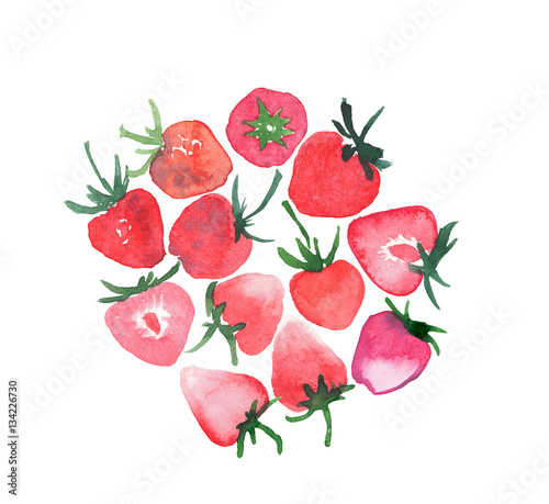 Juicy strawberries group watercolor hand sketch