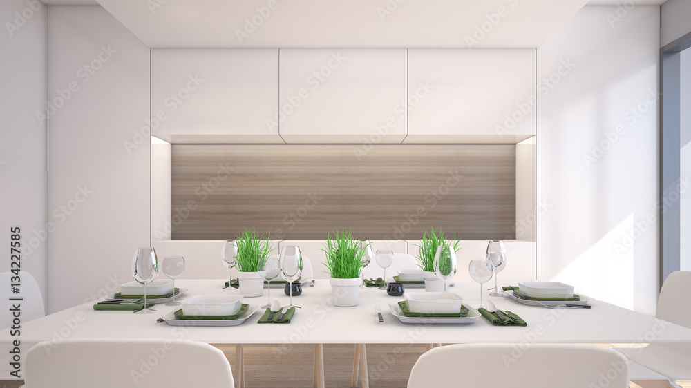 Luxury dining room with green plant / 3D Rendering Luxury dining room with green plant / 3D Rendering