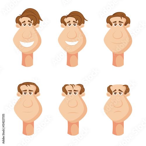 male characters suffering from hair loss on the head with unfortunate facial expressions, cartoon. Vector illustrations isolated.