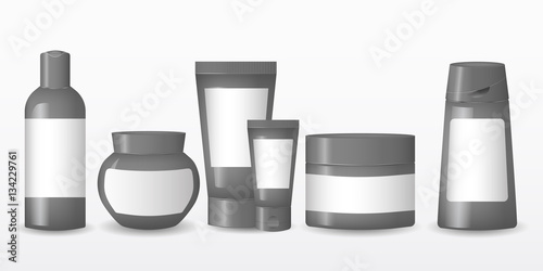 Collection of realistic cosmetic plastic bottles with a label on a white background.Cosmetic brand pattern. Design Beauty Products. Vector illustration.