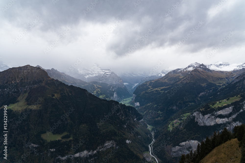 View of the Mountain Pass from atop Schynige Platte leading to Wilderswil and Gsteigwiler, Switzerland.