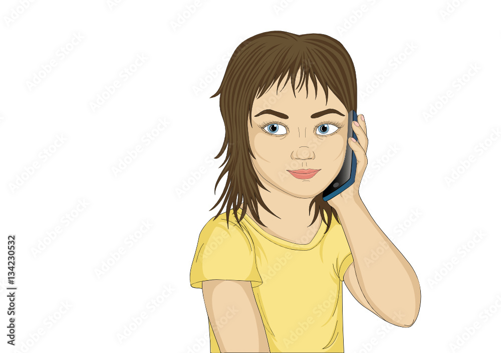 Little girl speaks on mobile and smiling. The child brought the phone to your ear and listens attentively. Vector illustration on white background Little girl speaks on mobile and smiling. The child brought the phone to your ear and listens attentively. Vector illustration on white background