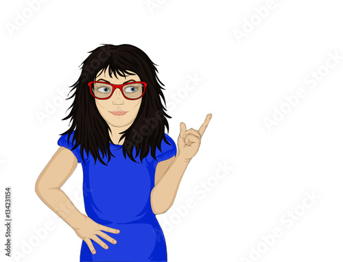 Little gir in glassesl smiling at new ideas gesturing forefinger up. Hand side. Empty space for your advertising. Vector illustration on white background photo