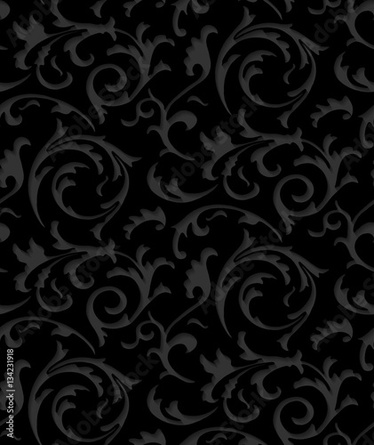 Vector baroque damask black elegant lace texture. Luxury floral dark pattern element for wrapping paper, fabric, page fill, wallpaper, background. Paper cut black floral pattern with shadow