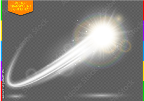 Abstract semitransparent vector magic glow star trail light effect with neon blur curved line shoots up. Sparkling translucent comet bokeh. Special white christmas effect on transparent background