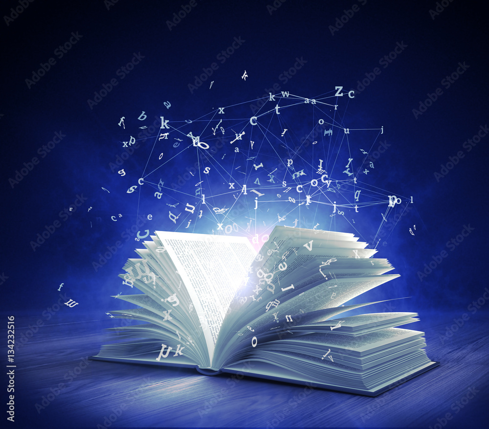Obraz premium Open Magic Book with magic light and flying letters. 3d rendering