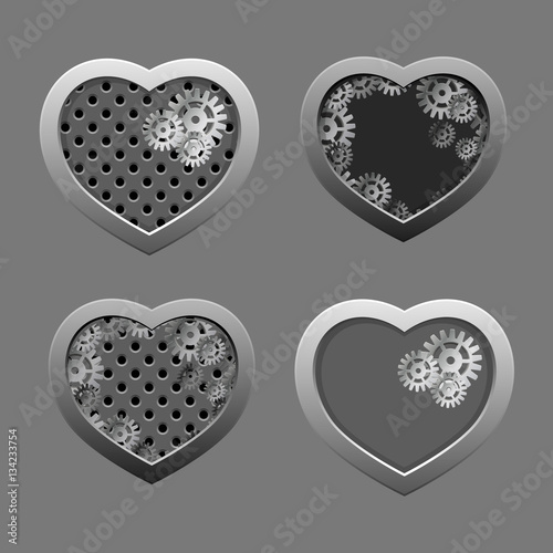 Set of Metal hearts with silver gears and iron background. Valentine day.