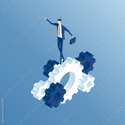Isometric businessman goes on the prongs of the gear. the employee goes on the gears and rotate them, business concept vector illustration