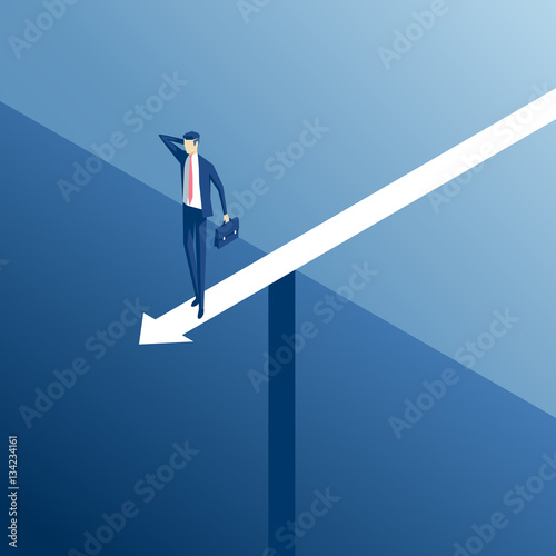 Isometric businessman standing on an arrow over the abyss, business concept stalemate and embarrassing situation