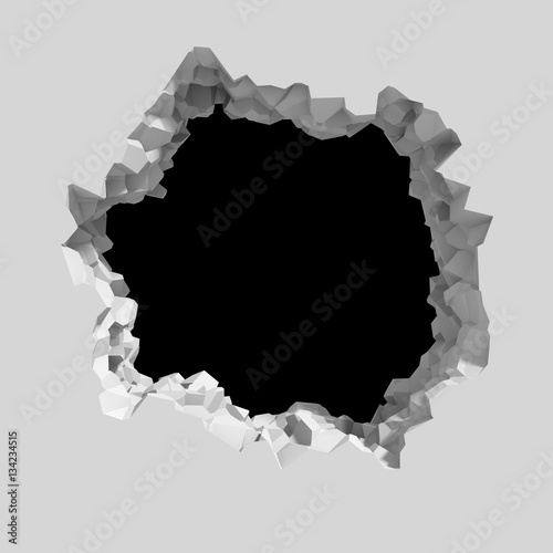 Explosion broken white wall with cracked hole. Abstract backgrou photo