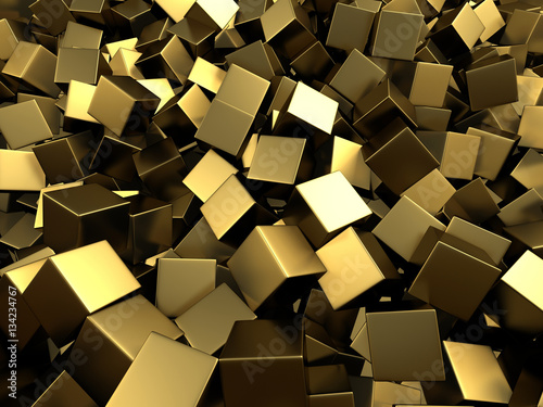 Scattered golden cubes chaotic background