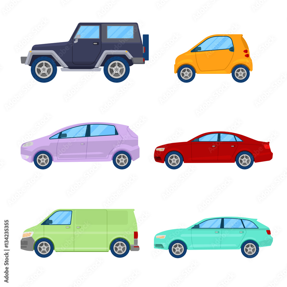 City Cars Icons Set with Sedan, Van and Offroad Vehicle. Vector illustration
