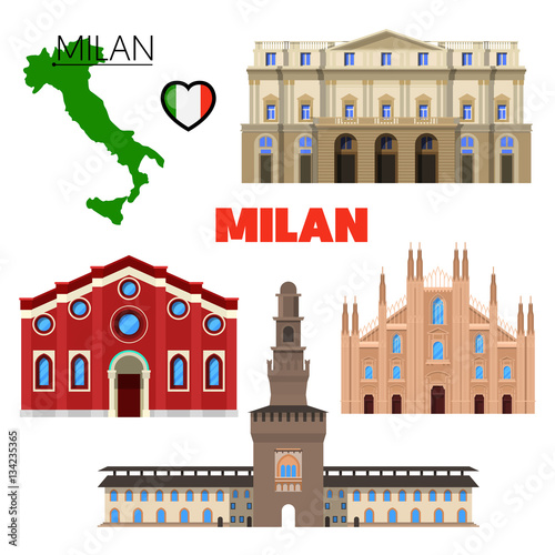 Milan Italy Travel Doodle with Architecture, Map and Flag. Vector illustration