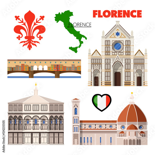 Florence Italy Travel Doodle with Architecture, Map and Flag. Vector illustration