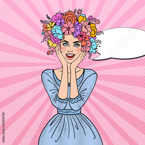 Pop Art Beautiful Woman in Love with Flowers Hairstyle. Vector illustration