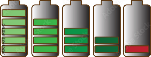Five AA batteries with different charge levels, vector on a transparent background. 