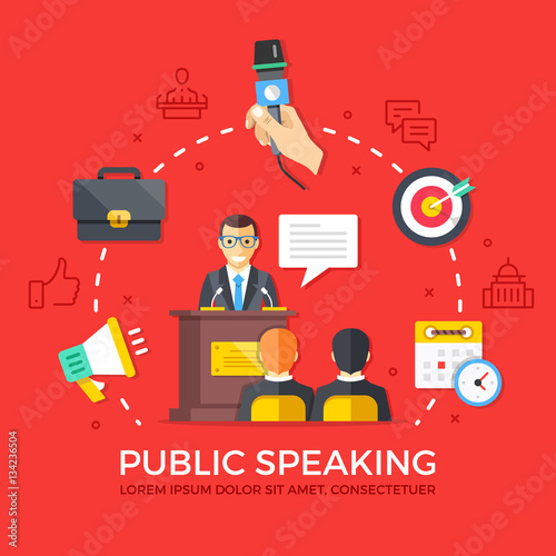 Public speaking. Speech, conference. Flat design graphic elements, line icons set. Premium quality. Modern concepts for web banners, websites, infographics, printed materials. Vector illustration