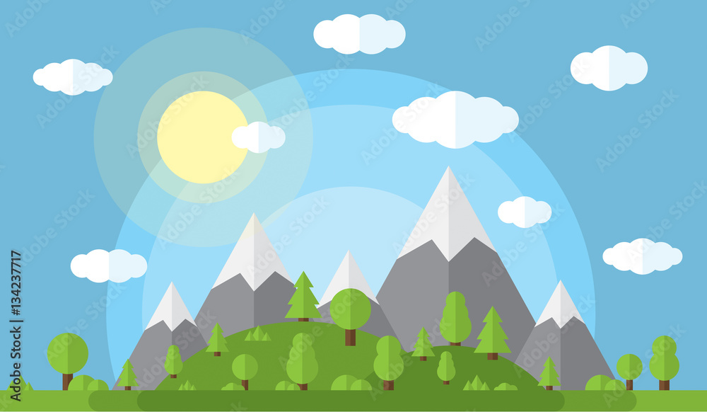 vector illustration of the high mountains and hills covered in green woods, clear sky with clouds and sun