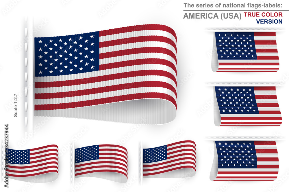 National state flag of USA with true colors is embroidered on the textile tag and sewn with a thread stitch; Set of vector realistic icons of flag of United States of America from a fabric loop