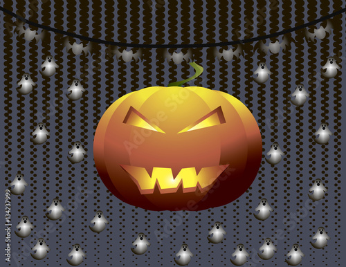Pumpkin on lightened ghosts silhouette background. Halloween spooky card. Vector