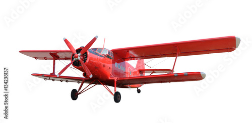 Fototapeta Red airplane biplane with piston engine