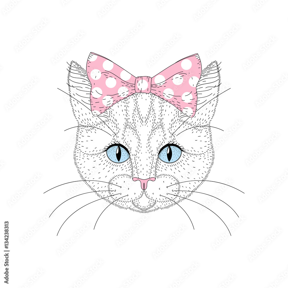 Cute cat portrait with pin up bow tie on head. Hand drawn kitty