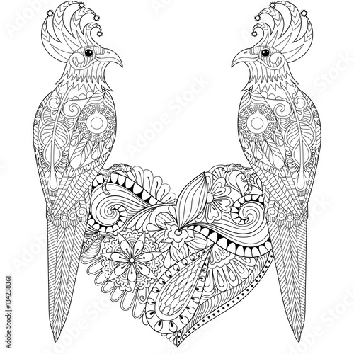 Exotic tropical zentangle bird lovely couple for adult anti stre