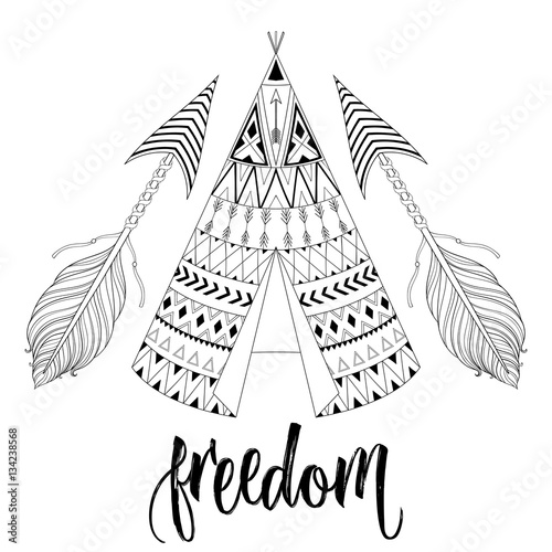 Hand drawn American native wigwam with ethnic ornamental element