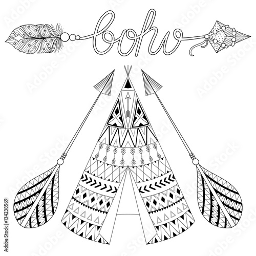 Hand drawn American native wigwam with ethnic ornamental element