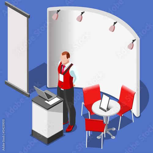 Exhibition booth stand desk man roll up display panel. 3D Isometric People icon set. Creative design vector illustration collection